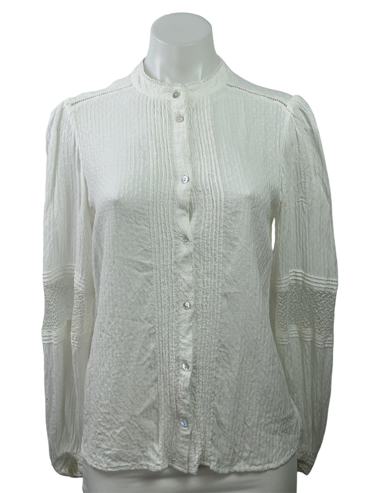 Mng Mango Women's White Pintuck Long Sleeve Button Down Blouse Shirt Top Size 4